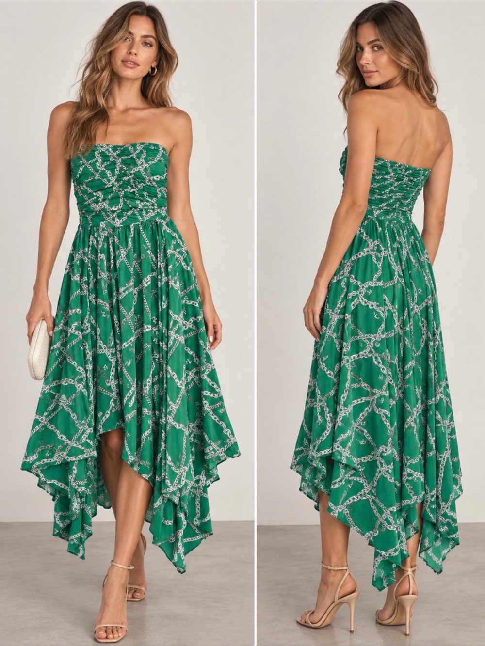 Zadig & Voltaire Rima Chain Print Green Strapless Midi Dress – Size L